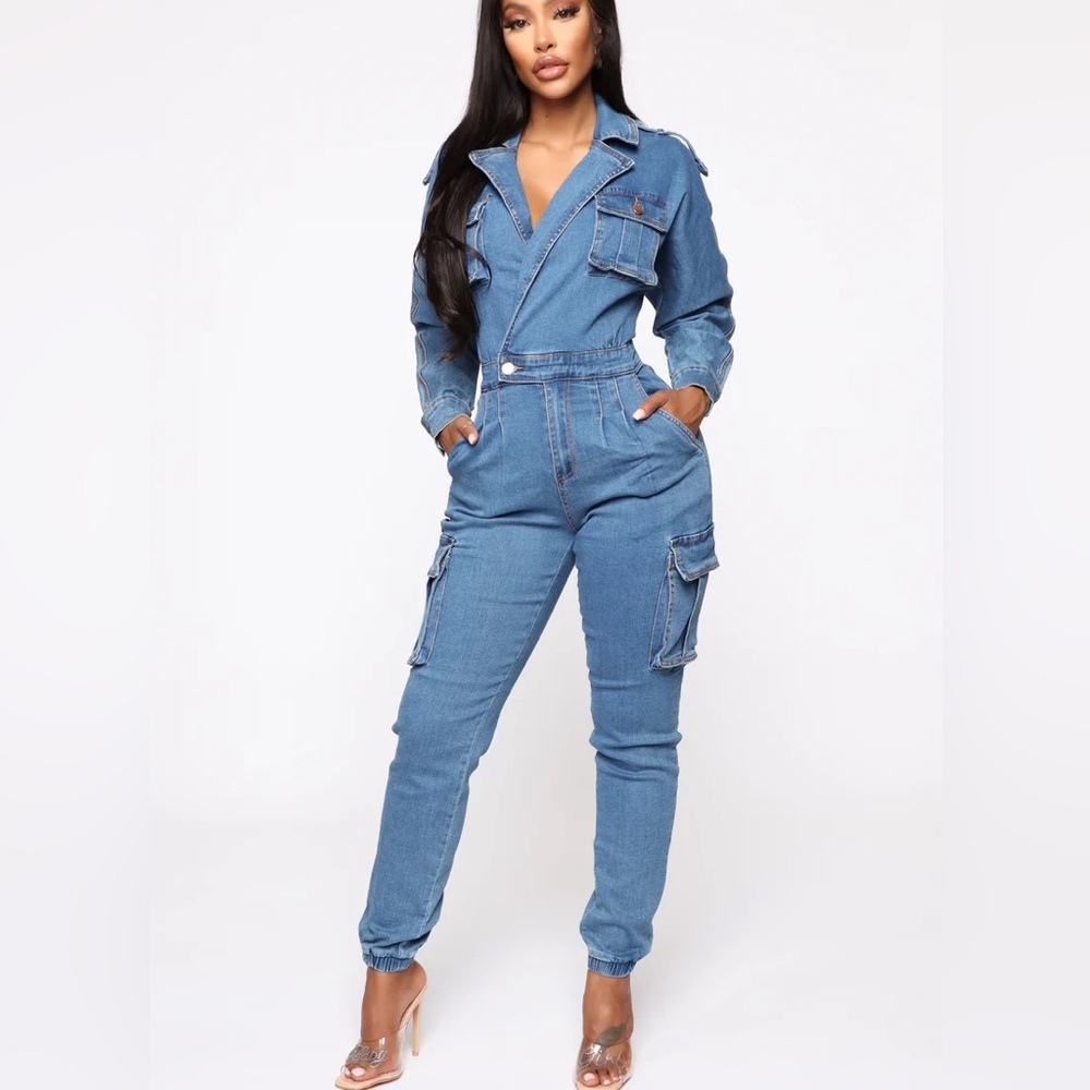 Denim Jumpsuit with Cargo Pockets